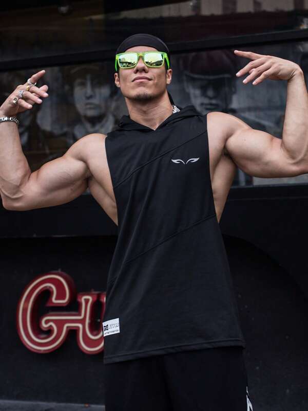 男士字母图案连帽运动背心压缩衣