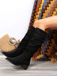 女士素色粗跟靴子,時髦一腳蹬正式靴子,女士舒服靴子