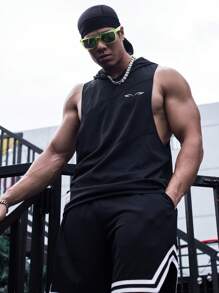 男士字母图案连帽运动背心压缩衣 - 黑色 - 查看 4