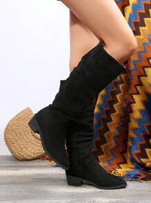 女士素色粗跟靴子,時髦一腳蹬正式靴子,女士舒服靴子