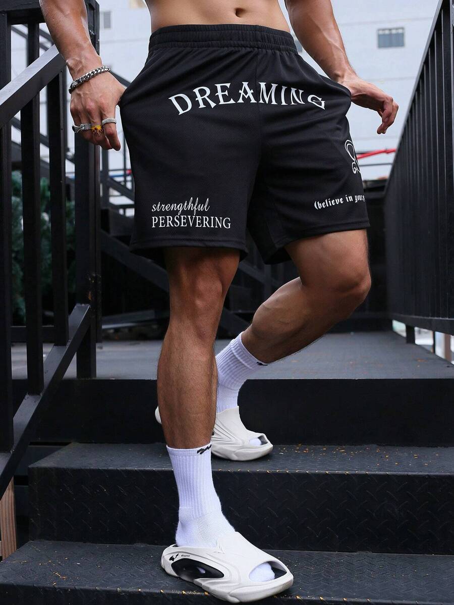 Manfinity Sport Corelite Men Letter Graphic Sports Stretchy Shorts Gym Shorts Short Men Shorts Men Basketball Shorts Hand Sanitizer School - Black - View 1