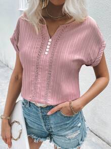 SHEIN LUNE Ren tương phản Đường viền cổ có rãnh tay cánh Áo sơ mi - Bụi hồng - Xem 5