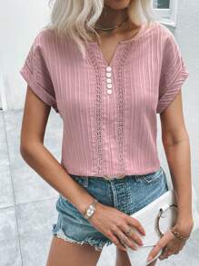 SHEIN LUNE Ren tương phản Đường viền cổ có rãnh tay cánh Áo sơ mi - Bụi hồng - Xem 3