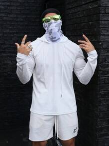 Men Drawstring Hooded Sports Sweatshirt - White - View 1