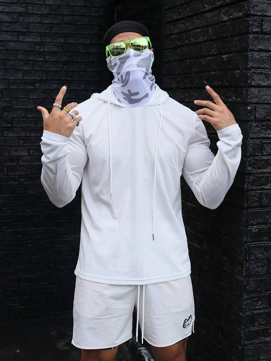 Men Drawstring Hooded Sports Sweatshirt - White - View 1