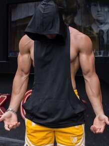 Manfinity Sport PWRUP 男友风格 男士纯色连帽袋鼠口袋抽绳运动背心 健身上衣 - 黑色 - 查看 1