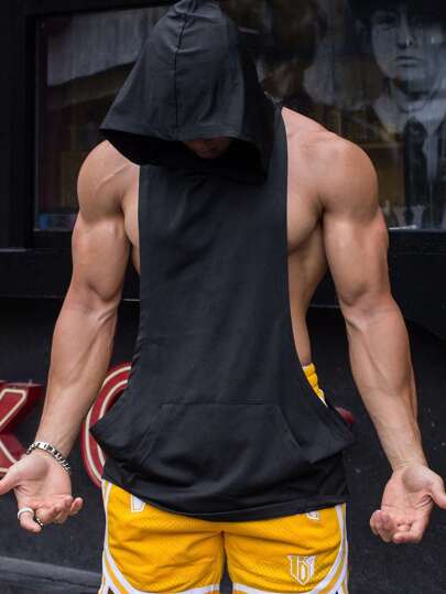 Manfinity Sport PWRUP 男友风格 男士纯色连帽袋鼠口袋抽绳运动背心 健身上衣