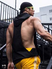 Manfinity Sport PWRUP 男友风格 男士纯色连帽袋鼠口袋抽绳运动背心 健身上衣 - 黑色 - 查看 2