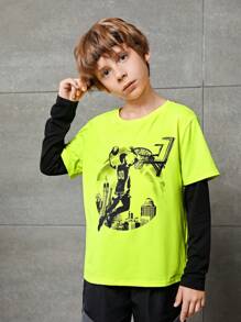 SHEIN 男大童人像圖案二合一活躍T恤 - 綠色 - 查看 1