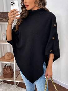 SHEIN Clasi Turtleneck Button Detail Poncho Coat In Fall/Winter