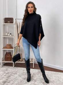 SHEIN Clasi Turtleneck Button Detail Poncho Coat In Fall/Winter