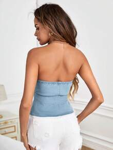 SHEIN Essnce Button Front Belted Tube Denim Top - Light Wash - View 3