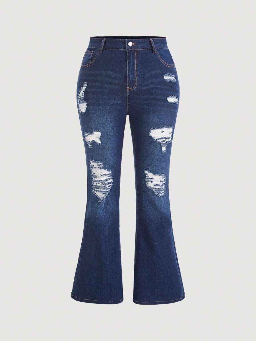 SHEIN Plus Ripped Flare Leg Jeans - Dark Wash - View 1