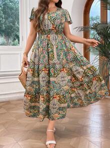 SHEIN LUNE Talla grande Vestido con estampado de retazo de manga mariposa bajo con fruncido - Multicolor - Ver 1