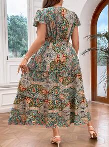 SHEIN LUNE Talla grande Vestido con estampado de retazo de manga mariposa bajo con fruncido - Multicolor - Ver 2