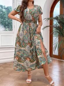 SHEIN LUNE Talla grande Vestido con estampado de retazo de manga mariposa bajo con fruncido - Multicolor - Ver 3