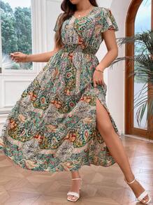 SHEIN LUNE Talla grande Vestido con estampado de retazo de manga mariposa bajo con fruncido - Multicolor - Ver 5