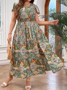 SHEIN LUNE Talla grande Vestido con estampado de retazo de manga mariposa bajo con fruncido - Multicolor - Ver 6
