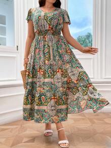 SHEIN LUNE Talla grande Vestido con estampado de retazo de manga mariposa bajo con fruncido - Multicolor - Ver 7