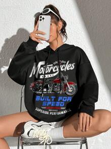 SHEIN EZwear 摩托車和字母圖案落肩袖抽繩連帽衫 - 黑色 - 查看 1