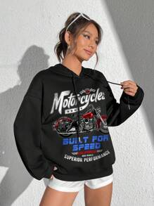 SHEIN EZwear 摩托車和字母圖案落肩袖抽繩連帽衫 - 黑色 - 查看 3