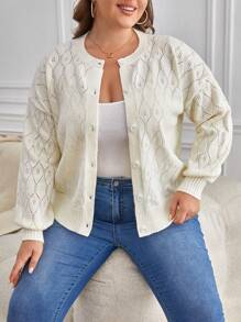 SHEIN Frenchy Plus Drop Shoulder Pointelle Knit Cardigan - Beige - View 4