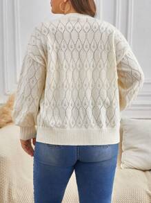SHEIN Frenchy Plus Drop Shoulder Pointelle Knit Cardigan - Beige - View 2