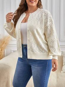 SHEIN Frenchy Plus Drop Shoulder Pointelle Knit Cardigan - Beige - View 3