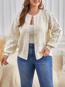 SHEIN Frenchy Plus Drop Shoulder Pointelle Knit Cardigan - Beige - View 1