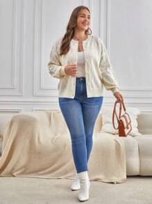 SHEIN Frenchy Plus Drop Shoulder Pointelle Knit Cardigan - Beige - View 5