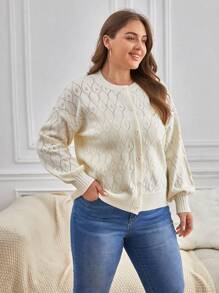 SHEIN Frenchy Plus Drop Shoulder Pointelle Knit Cardigan - Beige - View 6