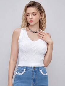 SHEIN MOD Chất rắn Áo Crop Tank Knit ngọn - trắng - Xem 3