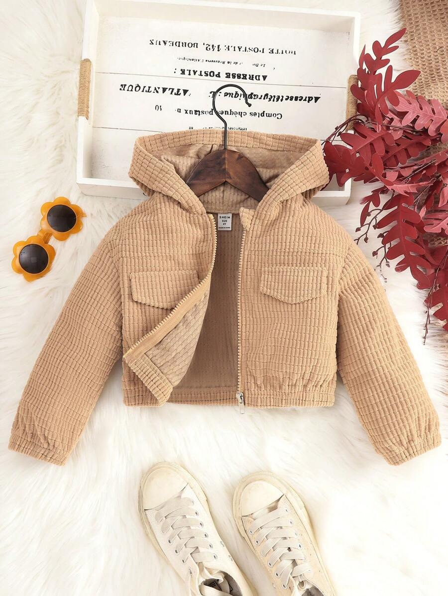 SHEIN Áo khoác lửng kẻ caro ấm áp đa năng thường ngày cho bé gái tuổi mới lớn - Màu Khaki - Xem 1