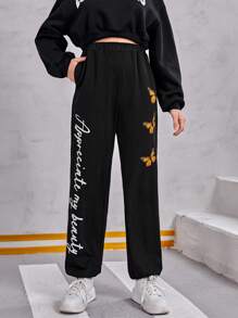 Teen Girl Slogan & Butterfly Print Sweatpants