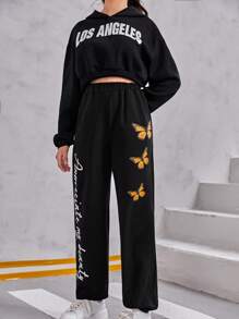 Teen Girl Slogan & Butterfly Print Sweatpants