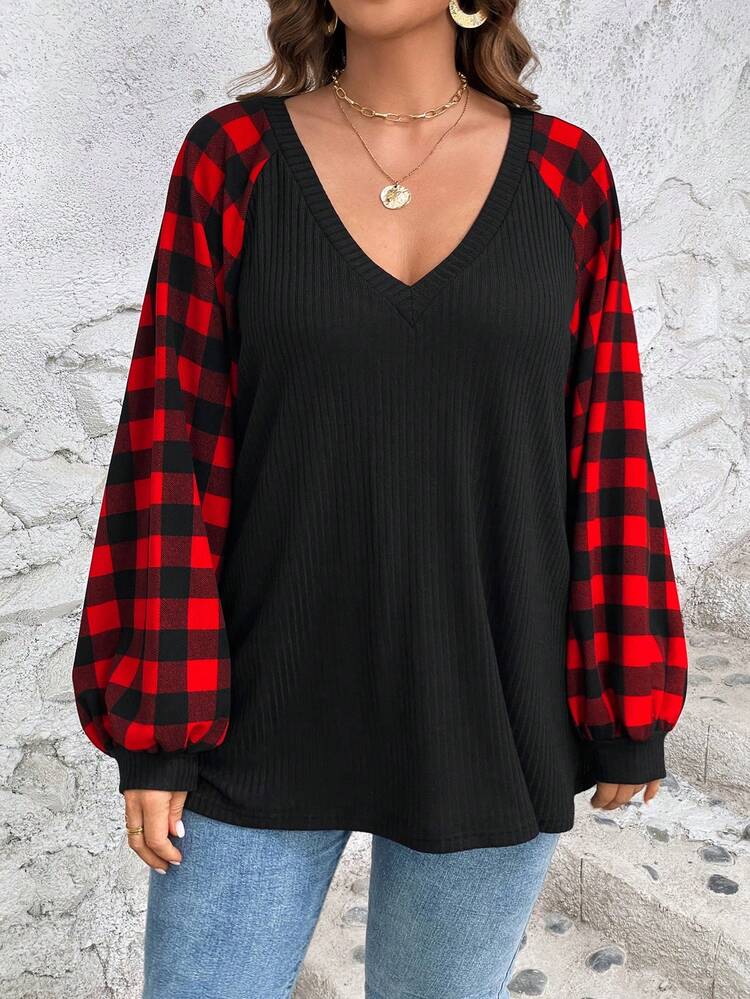 Plus Gingham Raglan Sleeve Tee