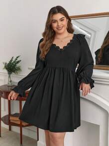 SHEIN Frenchy Plus Guipure Lace Trim Flare Sleeve Dress - Black - View 1