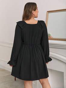 SHEIN Frenchy Plus Guipure Lace Trim Flare Sleeve Dress - Black - View 2