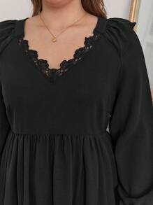SHEIN Frenchy Plus Guipure Lace Trim Flare Sleeve Dress - Black - View 3