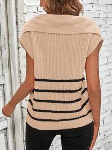 SHEIN LUNE 條紋圖案蝙蝠袖半排扣毛衣背心 - 卡其色 - 查看 2