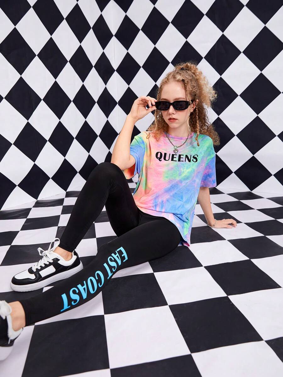 SHEIN 青少年女孩紮染字母圖案T恤和緊身褲 - 彩色 - 查看 1