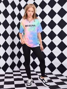 SHEIN 青少年女孩紮染字母圖案T恤和緊身褲 - 彩色 - 查看 5