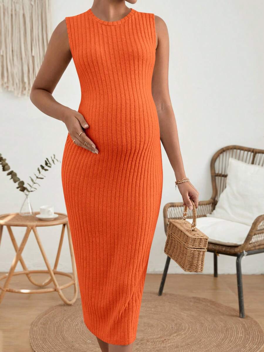 SHEIN Maternity Ribbed Knit Tank Dress - Orange - View 1