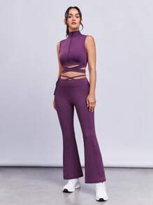 SHEINNeu 十字交叉後綁帶喇叭褲 - 紫色 - 查看 4