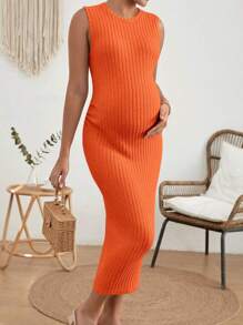 SHEIN Maternity Ribbed Knit Tank Dress - Orange - View 3