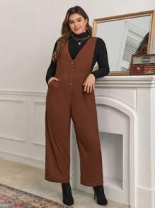SHEIN Frenchy Plus Button Front Overall Jumpsuit Without Tee - Brown - View 3