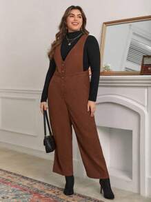 SHEIN Frenchy Plus Button Front Overall Jumpsuit Without Tee - Brown - View 4