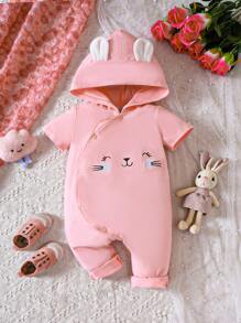 女嬰卡通圖案3D耳朵設計連帽連身褲 - 粉色 - 查看 1