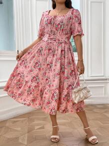 SHEIN LUNE Plus Floral Print Ruffle Hem Dress