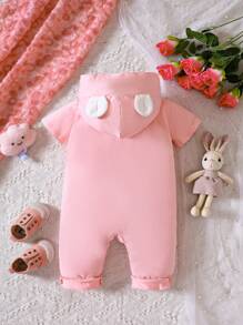 女嬰卡通圖案3D耳朵設計連帽連身褲 - 粉色 - 查看 2